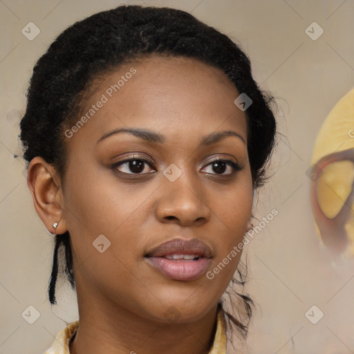 Joyful black young-adult female with medium  brown hair and brown eyes