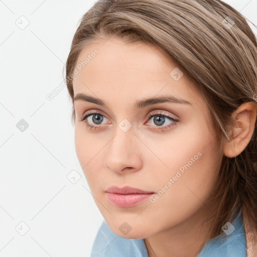 Neutral white young-adult female with medium  brown hair and blue eyes