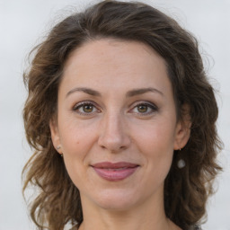 Joyful white adult female with medium  brown hair and grey eyes