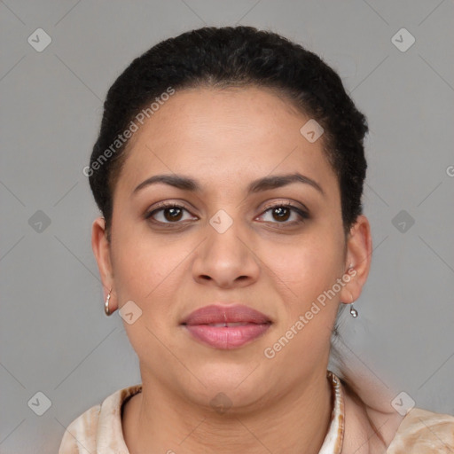 Joyful latino young-adult female with short  brown hair and brown eyes