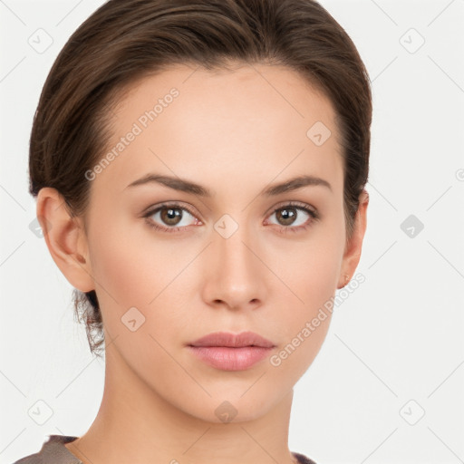 Neutral white young-adult female with short  brown hair and brown eyes