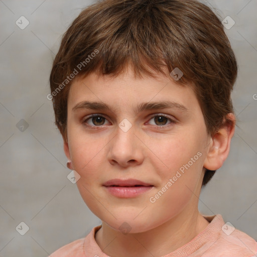 Joyful white child female with short  brown hair and brown eyes