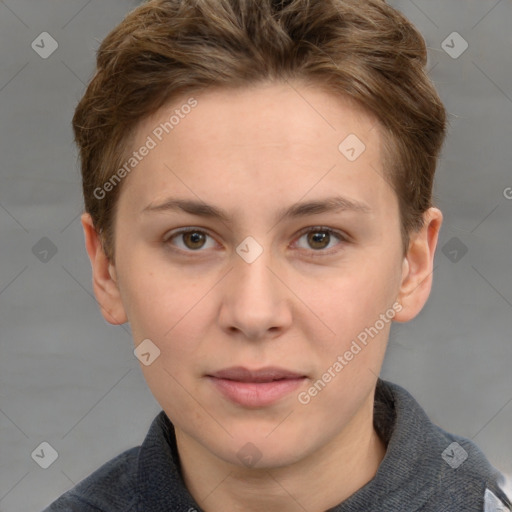 Joyful white young-adult female with short  brown hair and grey eyes