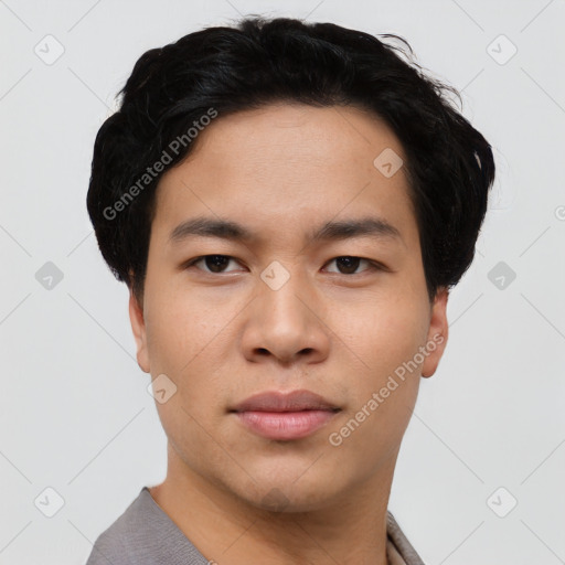 Neutral asian young-adult male with short  black hair and brown eyes