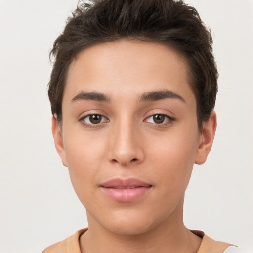 Neutral white young-adult female with short  brown hair and brown eyes