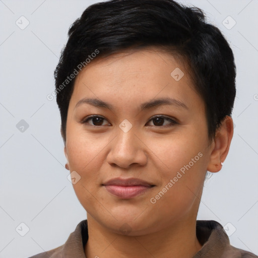 Joyful asian young-adult female with short  brown hair and brown eyes