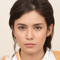 Neutral white young-adult female with medium  brown hair and brown eyes