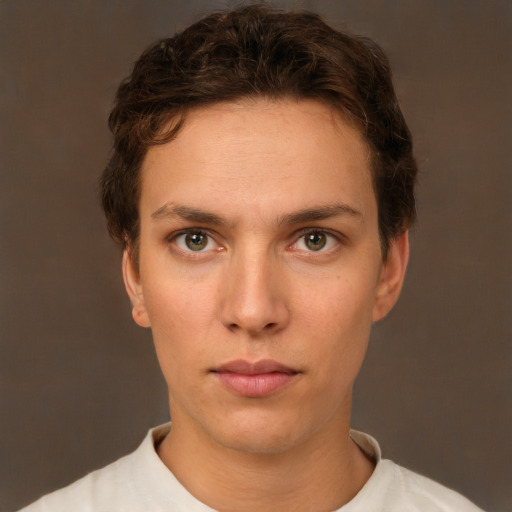 Neutral white young-adult female with short  brown hair and brown eyes