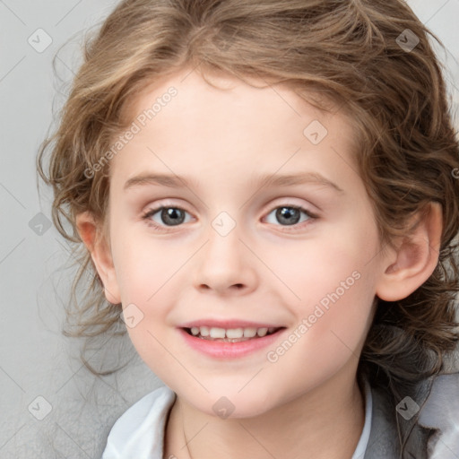 Joyful white child female with medium  brown hair and grey eyes