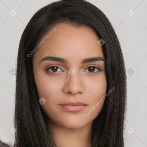 Neutral white young-adult female with long  black hair and brown eyes