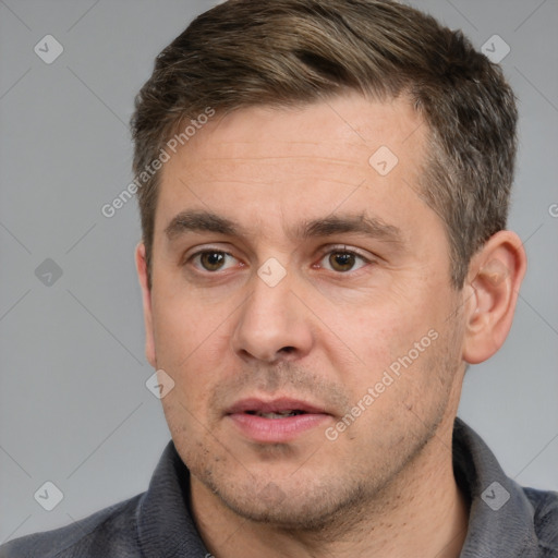 Neutral white adult male with short  brown hair and brown eyes