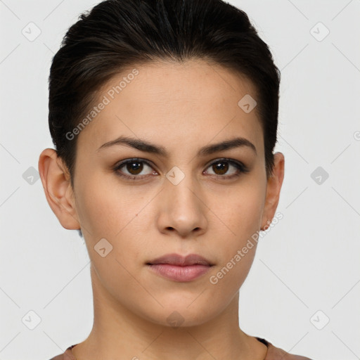 Neutral white young-adult female with short  brown hair and brown eyes