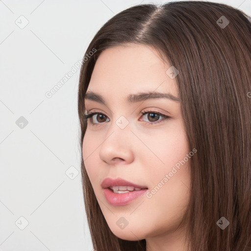 Neutral white young-adult female with long  brown hair and brown eyes