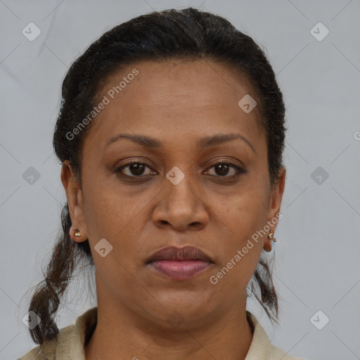 Joyful black adult female with short  brown hair and brown eyes