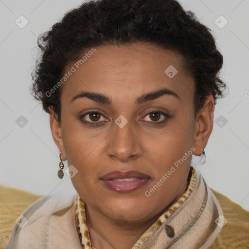 Joyful latino young-adult female with short  brown hair and brown eyes