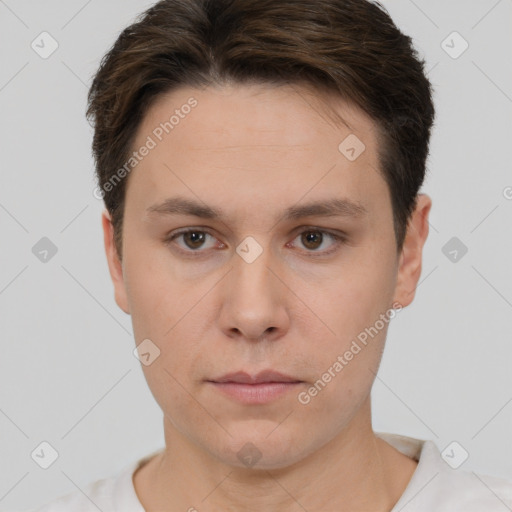 Neutral white young-adult male with short  brown hair and brown eyes