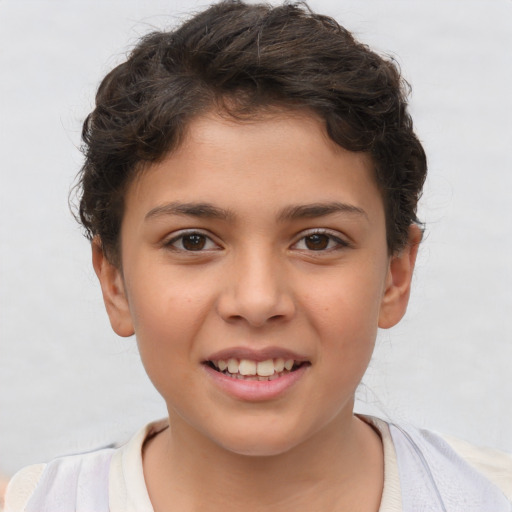 Joyful white child female with short  brown hair and brown eyes