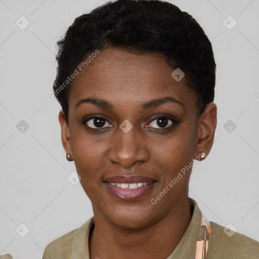 Joyful black young-adult female with short  black hair and brown eyes