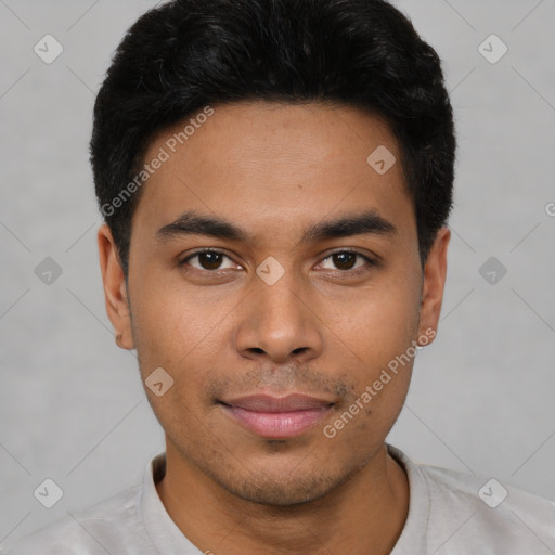 Neutral latino young-adult male with short  black hair and brown eyes