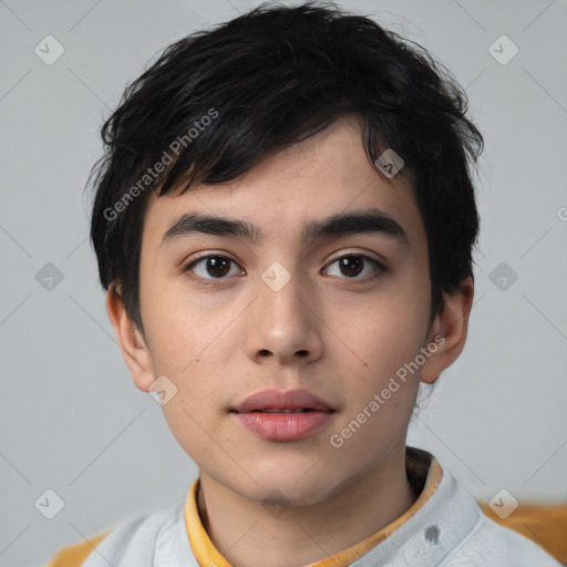 Neutral asian young-adult male with short  black hair and brown eyes