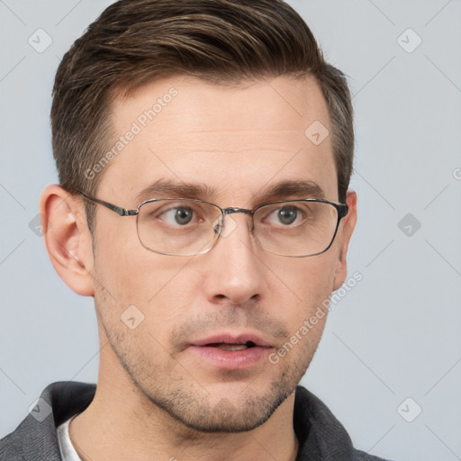 Neutral white adult male with short  brown hair and brown eyes