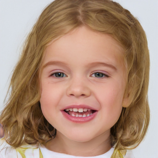 Joyful white child female with medium  brown hair and brown eyes