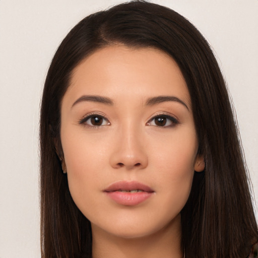 Neutral asian young-adult female with long  brown hair and brown eyes