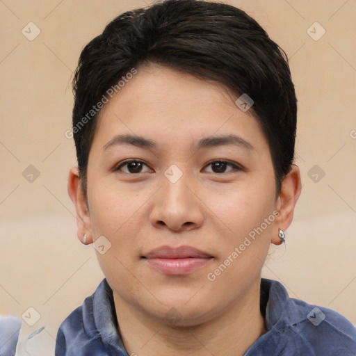 Neutral asian young-adult female with short  black hair and brown eyes