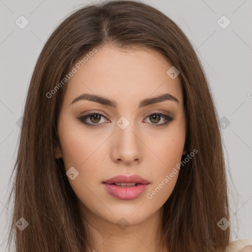 Neutral white young-adult female with long  brown hair and brown eyes