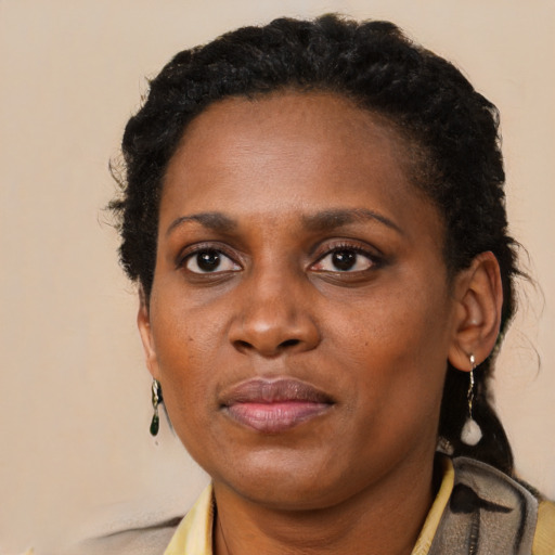 Neutral black adult female with short  brown hair and brown eyes