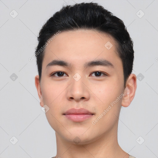 Neutral asian young-adult male with short  black hair and brown eyes