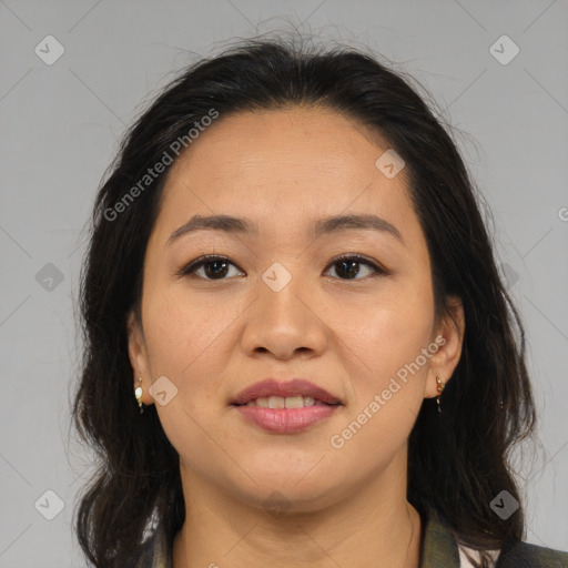 Joyful asian young-adult female with medium  brown hair and brown eyes