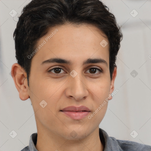 Joyful white young-adult male with short  brown hair and brown eyes