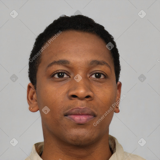 Neutral black young-adult female with short  black hair and brown eyes