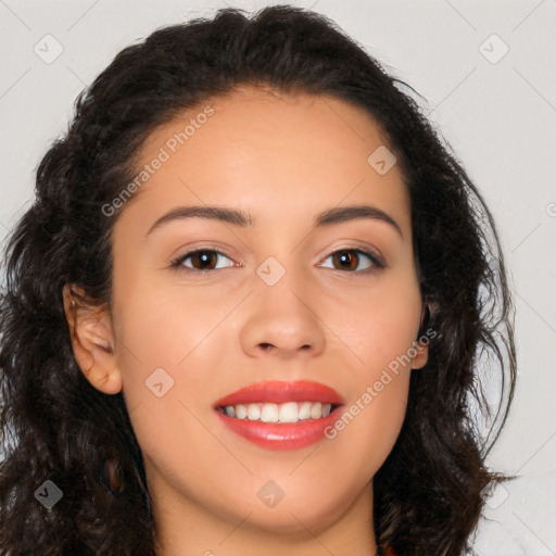 Joyful latino young-adult female with long  brown hair and brown eyes