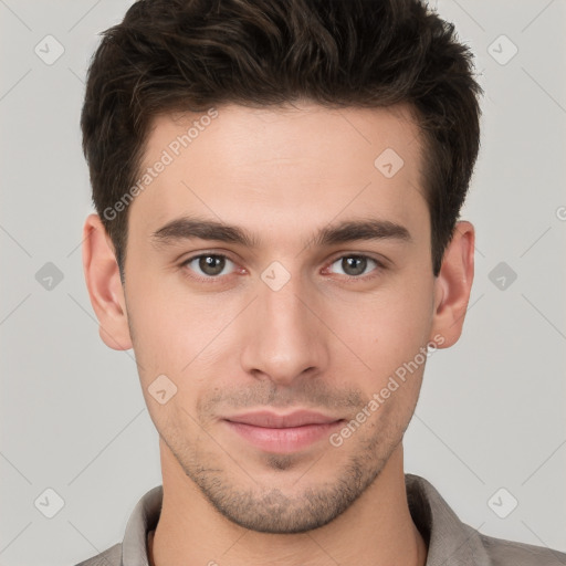 Neutral white young-adult male with short  brown hair and brown eyes