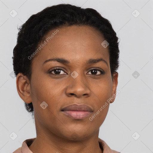 Joyful black young-adult female with short  black hair and brown eyes