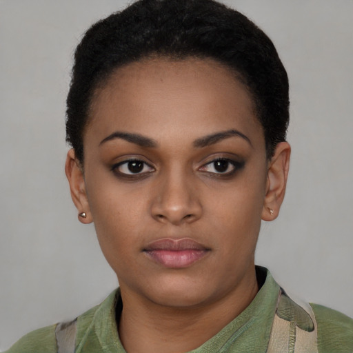 Neutral black young-adult female with short  black hair and brown eyes
