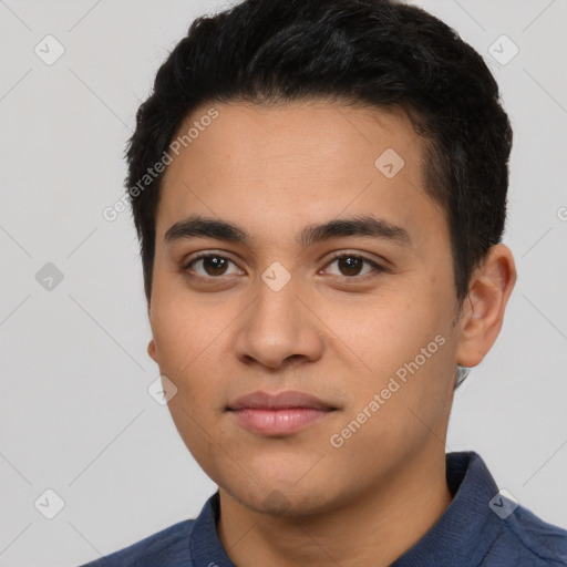 Neutral latino young-adult male with short  black hair and brown eyes