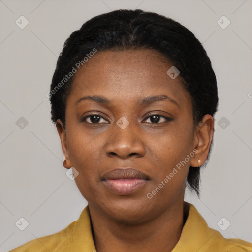 Neutral black young-adult female with short  black hair and brown eyes