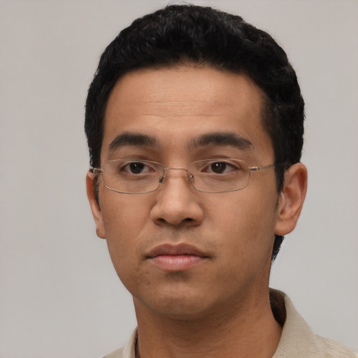 Neutral asian young-adult male with short  black hair and brown eyes