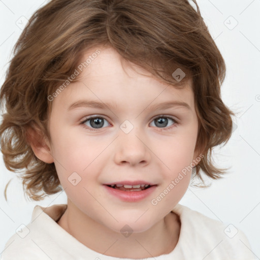 Joyful white child female with medium  brown hair and blue eyes