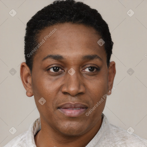 Joyful black young-adult female with short  black hair and brown eyes