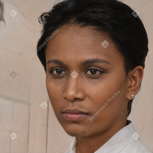 Neutral black young-adult female with short  brown hair and brown eyes