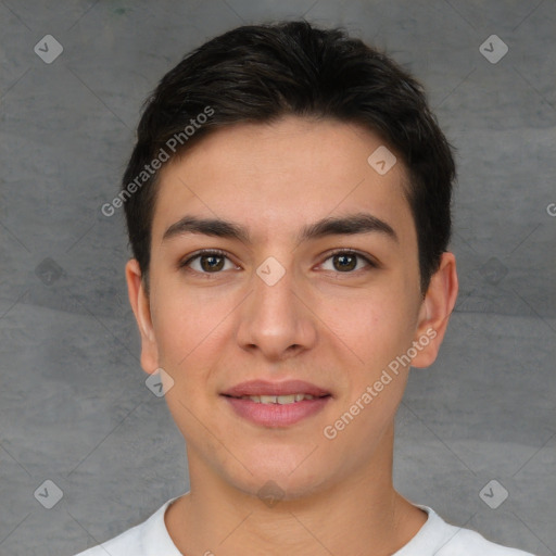 Joyful white young-adult female with short  brown hair and brown eyes