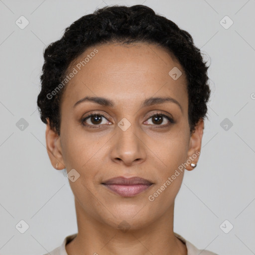 Joyful latino young-adult female with short  brown hair and brown eyes