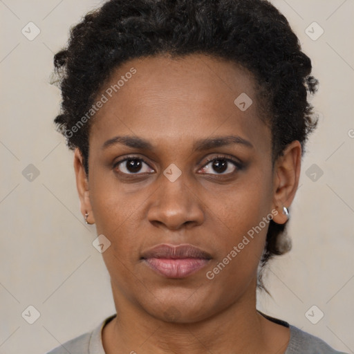 Neutral black young-adult female with short  black hair and brown eyes