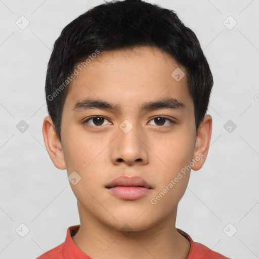 Neutral asian young-adult male with short  black hair and brown eyes