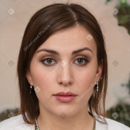 Neutral white young-adult female with medium  brown hair and brown eyes