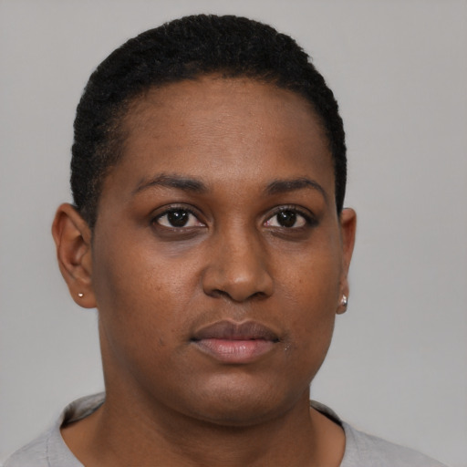 Neutral black young-adult female with short  brown hair and brown eyes